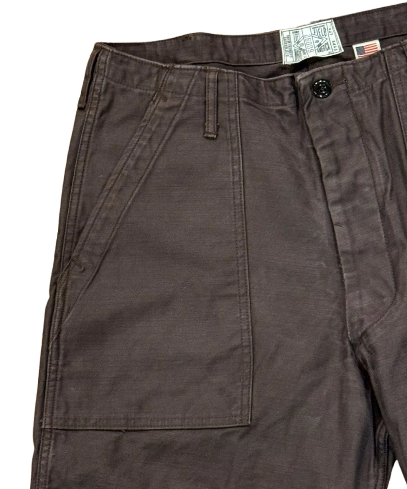 107 60's era GI chinos in 12 oz faded slate Baker Back Cotton Satin.