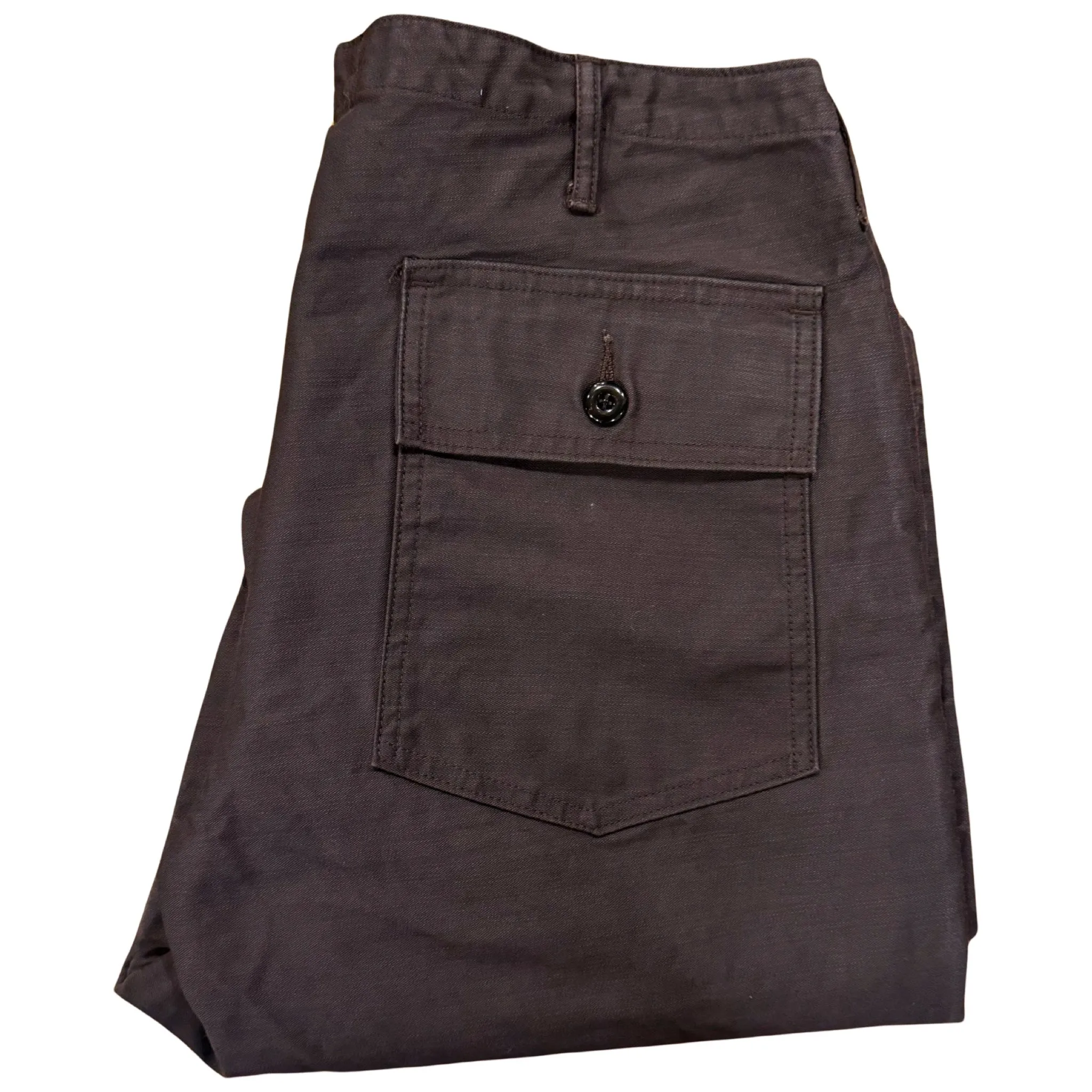 107 60's era GI chinos in 12 oz faded slate Baker Back Cotton Satin.