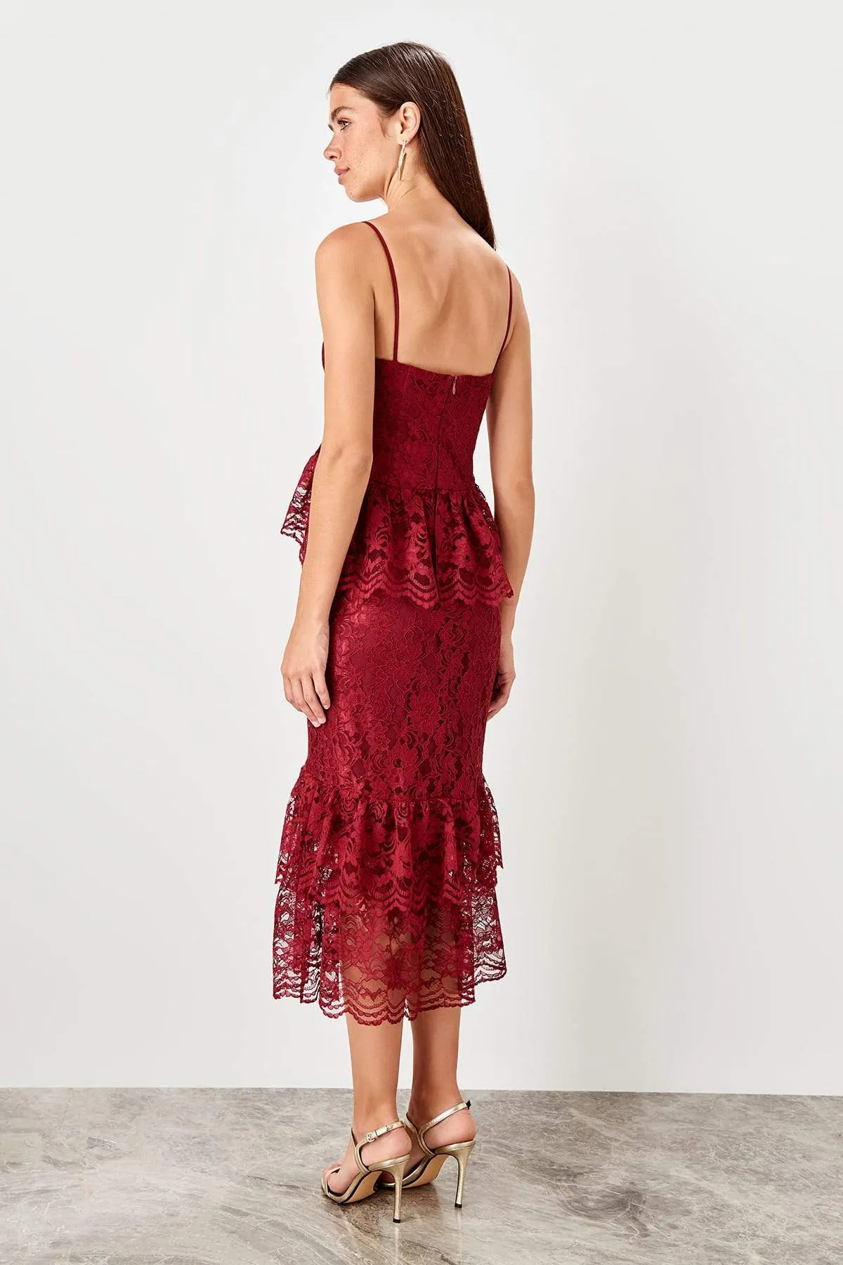 11640 Bordeaux Lace Peplum Dress