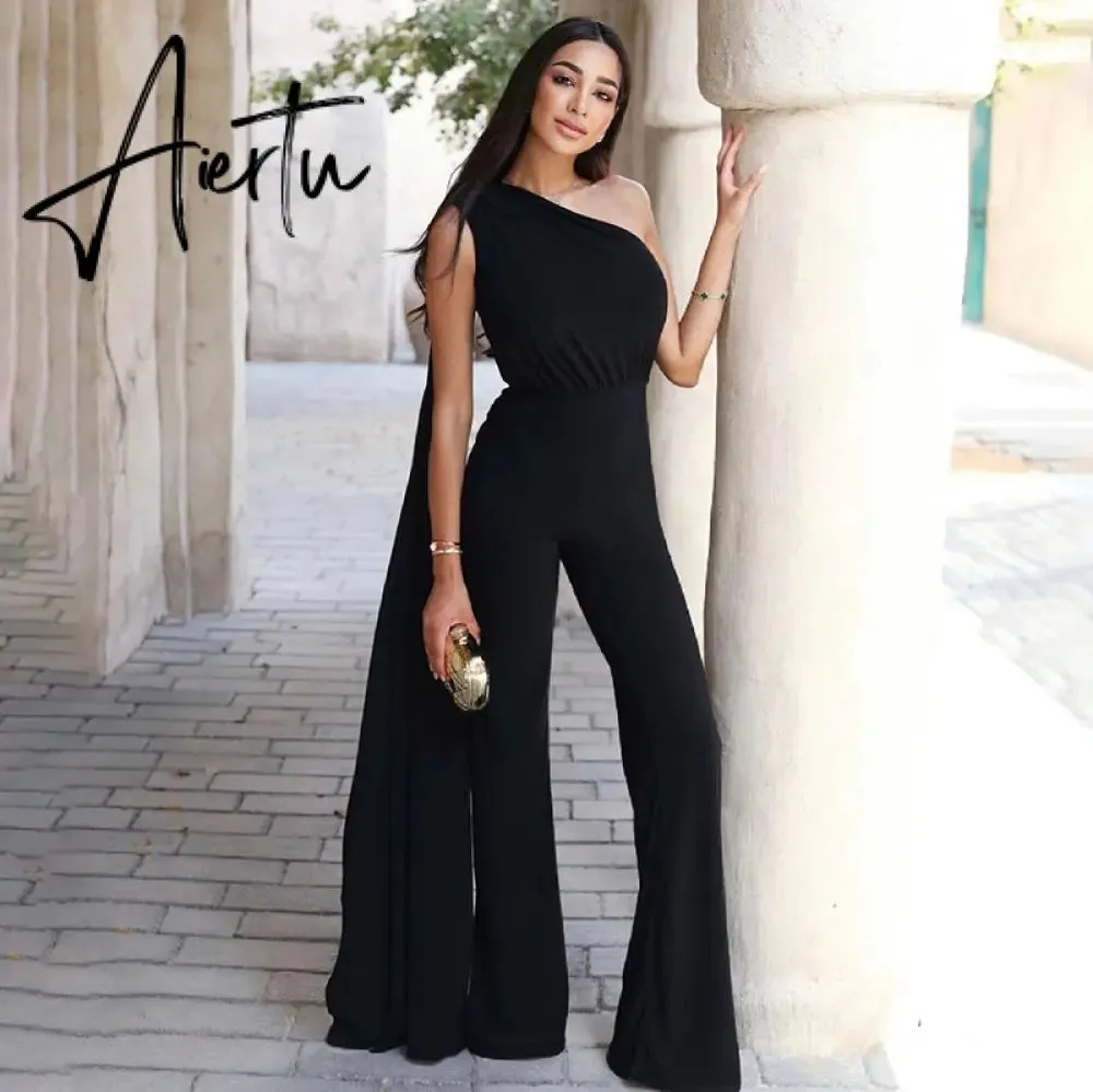 Aiertu Long Sleeve Single Shoulder With Long Tail Sexy Jumpsuit  Fall Winter Women Solid Party Elegant Streetwear Outfit