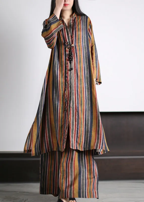 Art Coffee V Neck Striped Patchwork Silk Maxi Shirts And Wide Leg Pants Two Piece Set Spring LY5137