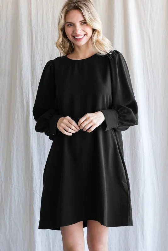 Black Solid Long Puffed Bishop Sleeves Dress