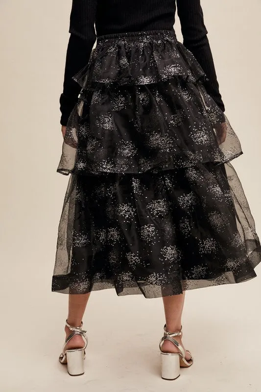 Black Sparkle Organza Tiered Maxi Skirt