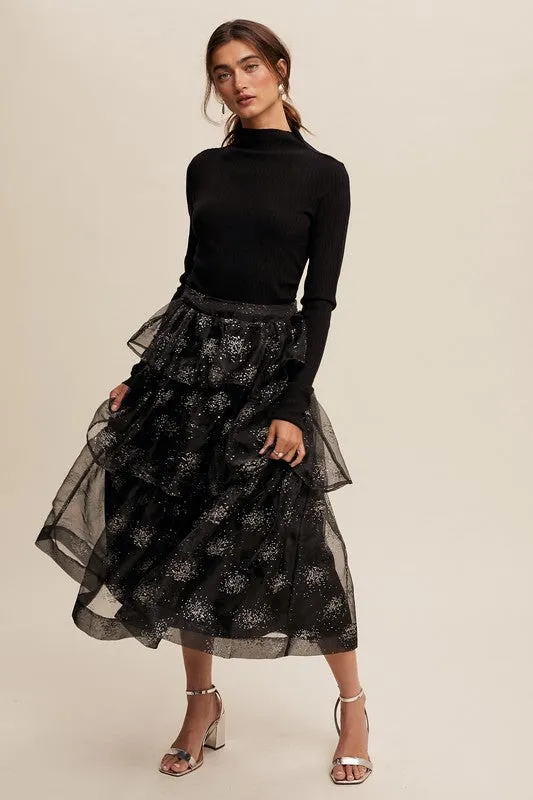 Black Sparkle Organza Tiered Maxi Skirt