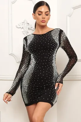 Black Square And Rhinestone Mesh Mini Dress