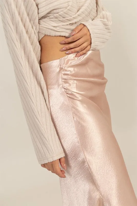 Blush Satin High Waist Midi Skirt