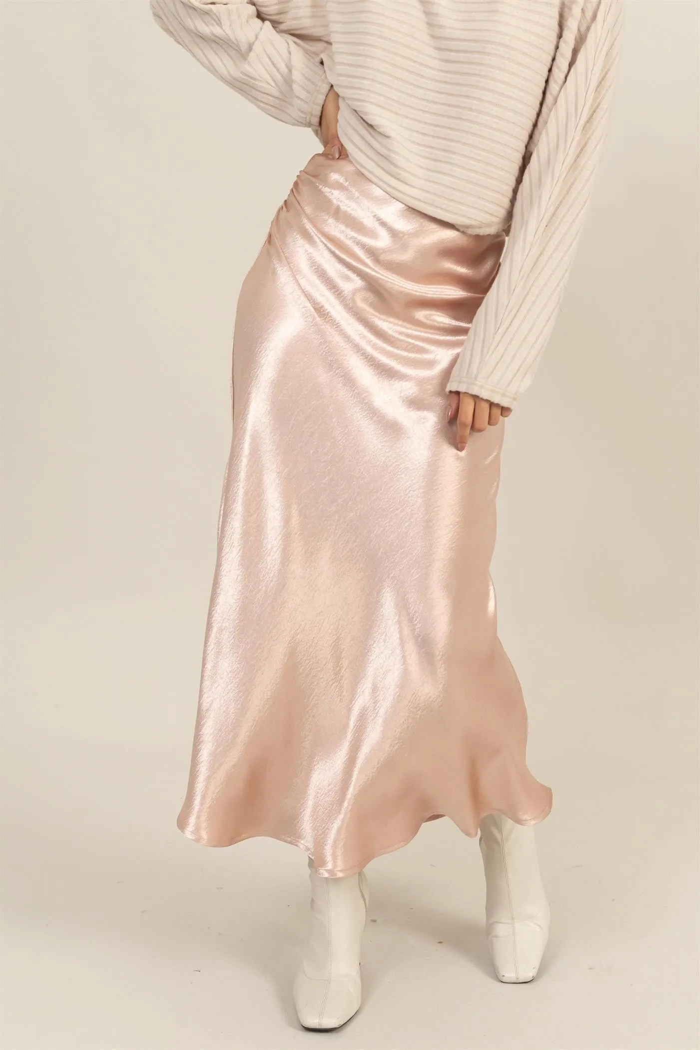 Blush Satin High Waist Midi Skirt