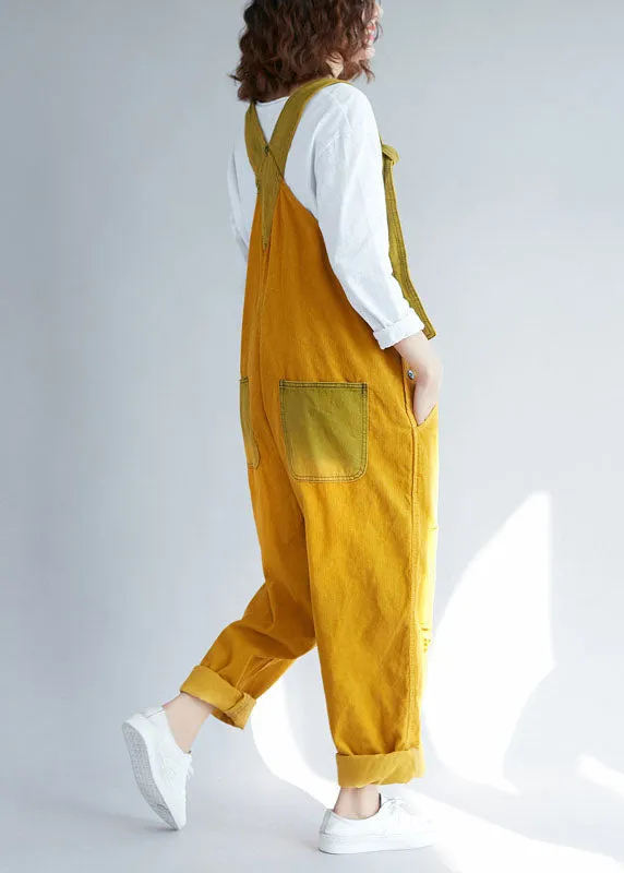 Bohemian Yellow pockets Corduroy ripped Jumpsuits Spring