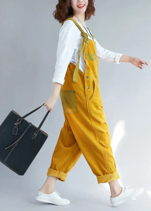 Bohemian Yellow pockets Corduroy ripped Jumpsuits Spring