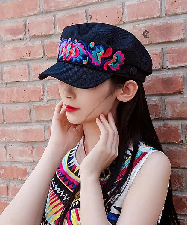 Boutique Blue Embroideried Floral Linen Silk Baseball Cap Hat