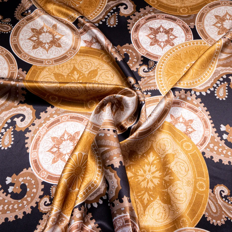 Brown Patterned Circle Printed Black Silk Satin