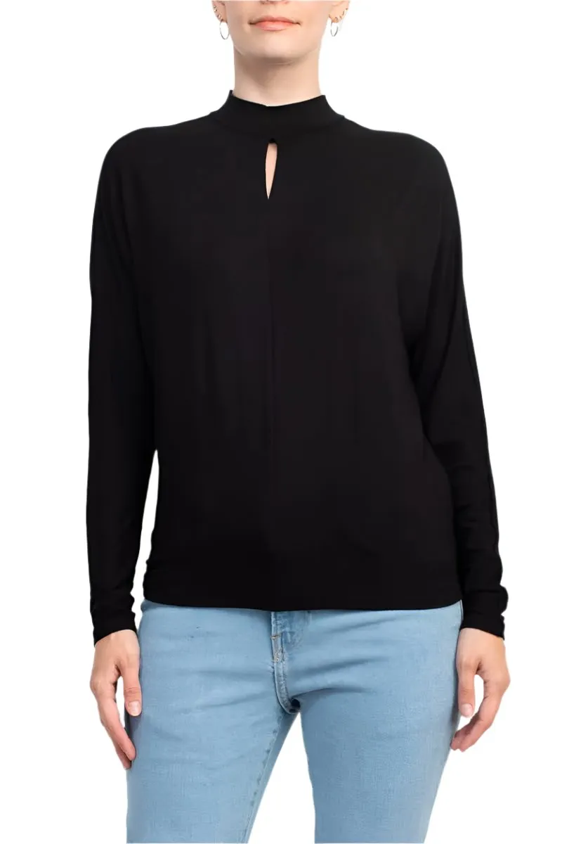 Catherine Malandrino High Neck Keyhole Front Long Sleeve Solid Knit Top