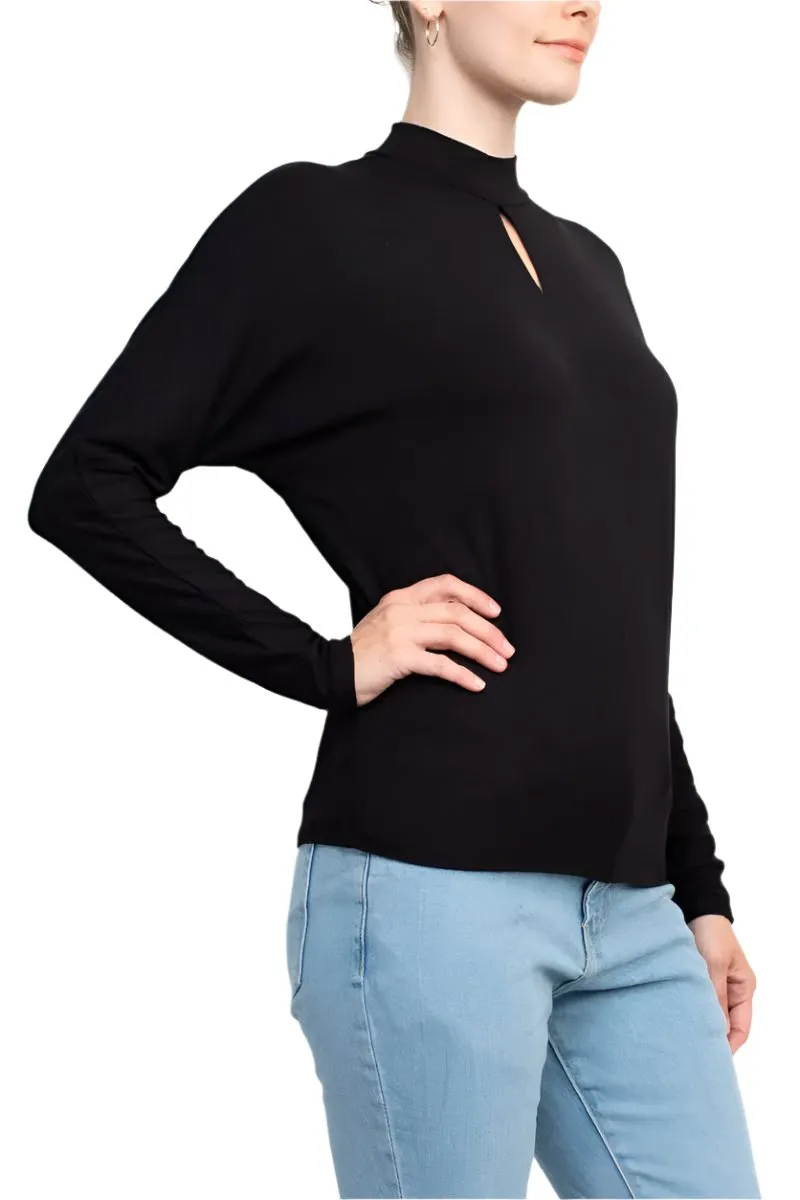 Catherine Malandrino High Neck Keyhole Front Long Sleeve Solid Knit Top