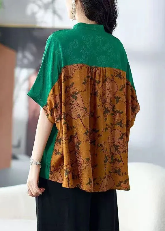 Chic Colorblock Stand Collar Tasseled Print Patchwork Silk Shirts Tops Summer TF1023