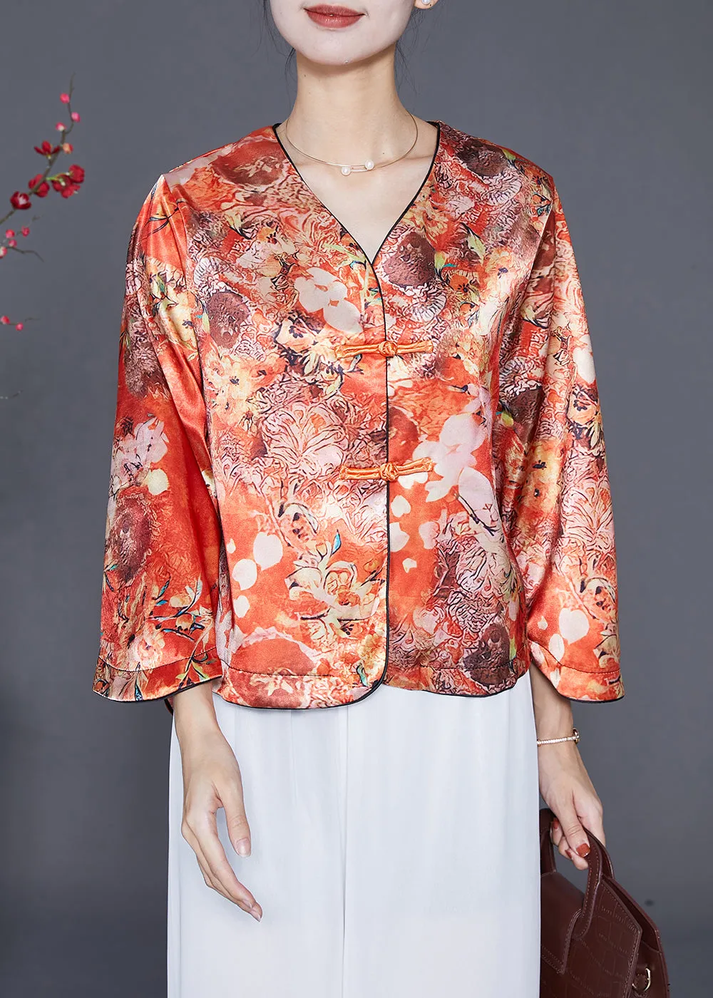 Chic Orange Chinese Button Print Silk Shirts Bracelet Sleeve LY6543