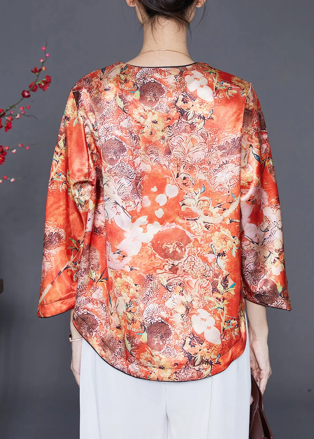 Chic Orange Chinese Button Print Silk Shirts Bracelet Sleeve LY6543