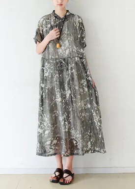 Elegant gray silk Long Shirts fine Cotton Chinese Button Traveling summer Dress