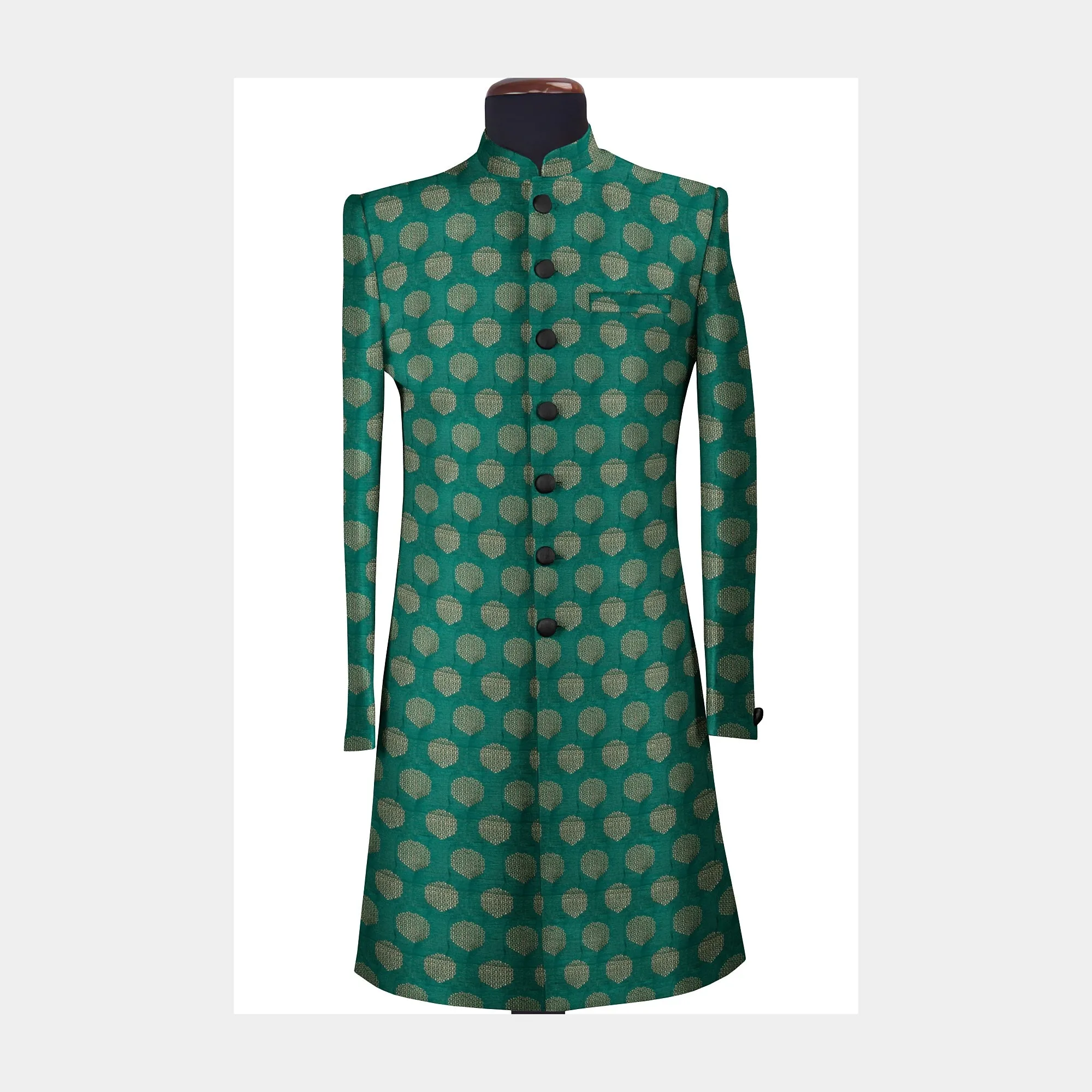 Emerald Green With Golden Geometricla Brocade Fabric