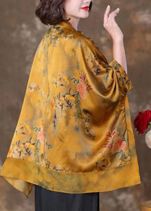 French Yellow Stand Collar Oversized Patchwork Print Silk Shirts Batwing Sleeve