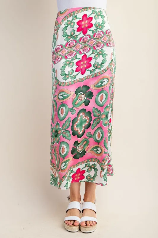 Fuchsia Colorful Printed Satin Midi Skirt