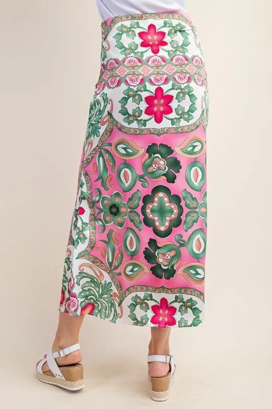 Fuchsia Colorful Printed Satin Midi Skirt