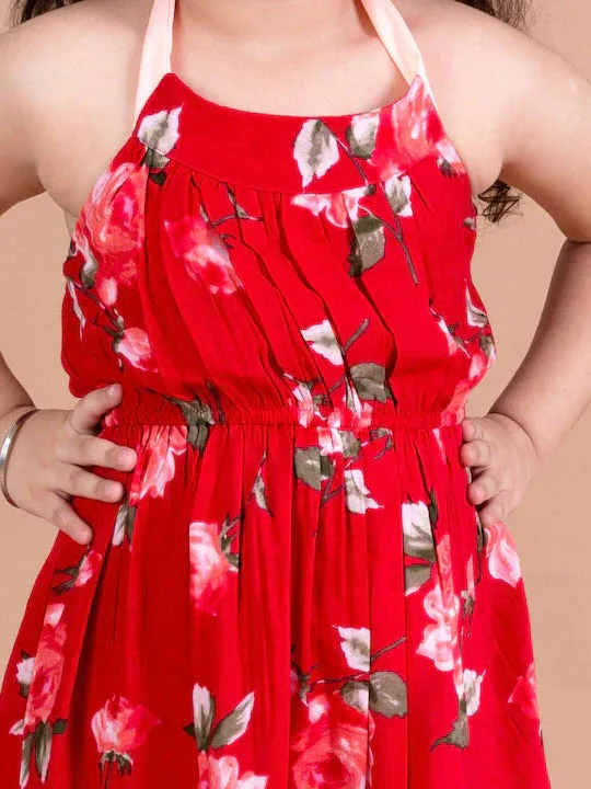 Girls Red Floral Halter Neck Dress - Ps Peaches