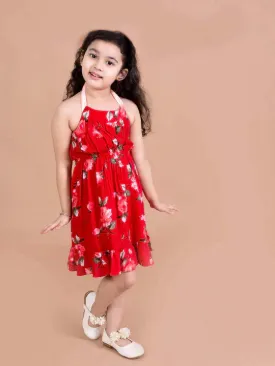 Girls Red Floral Halter Neck Dress - Ps Peaches