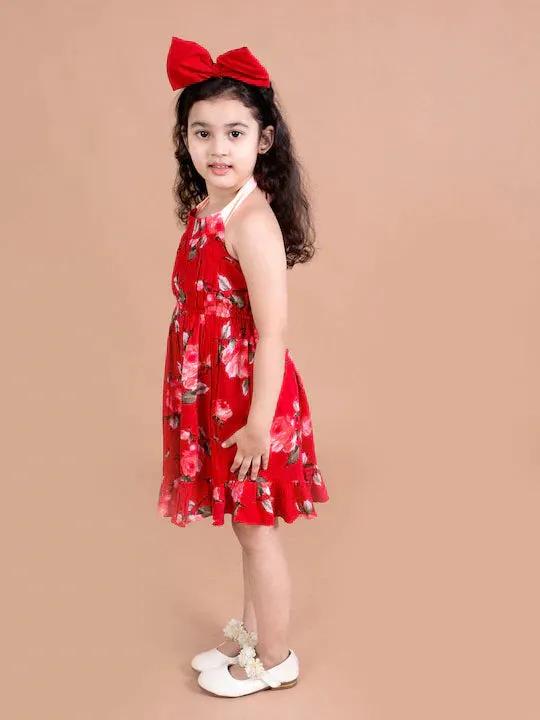 Girls Red Floral Halter Neck Dress - Ps Peaches