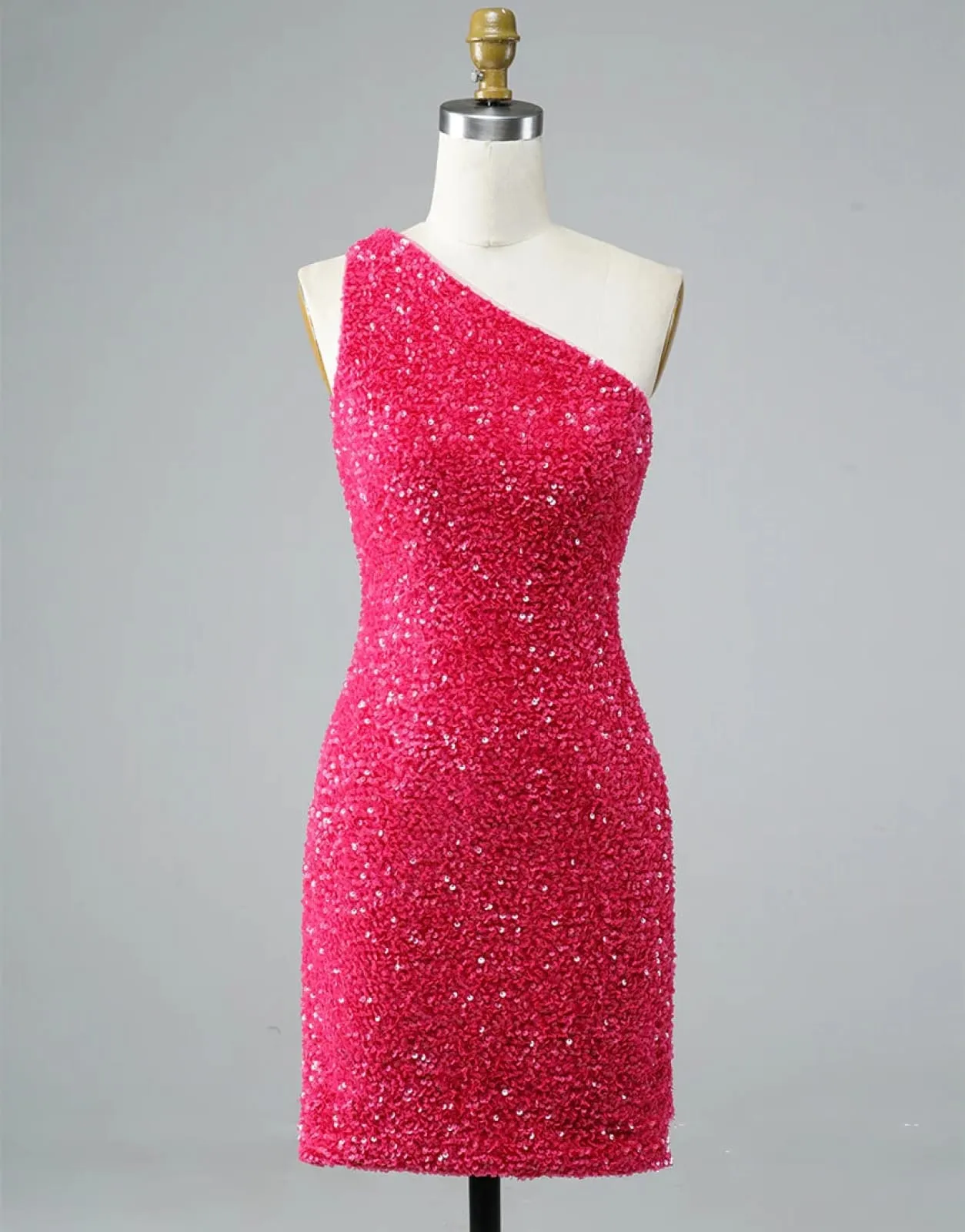 Glitter Hot Pink Sequin One Shoulder Homecoming Wedding Party Dress