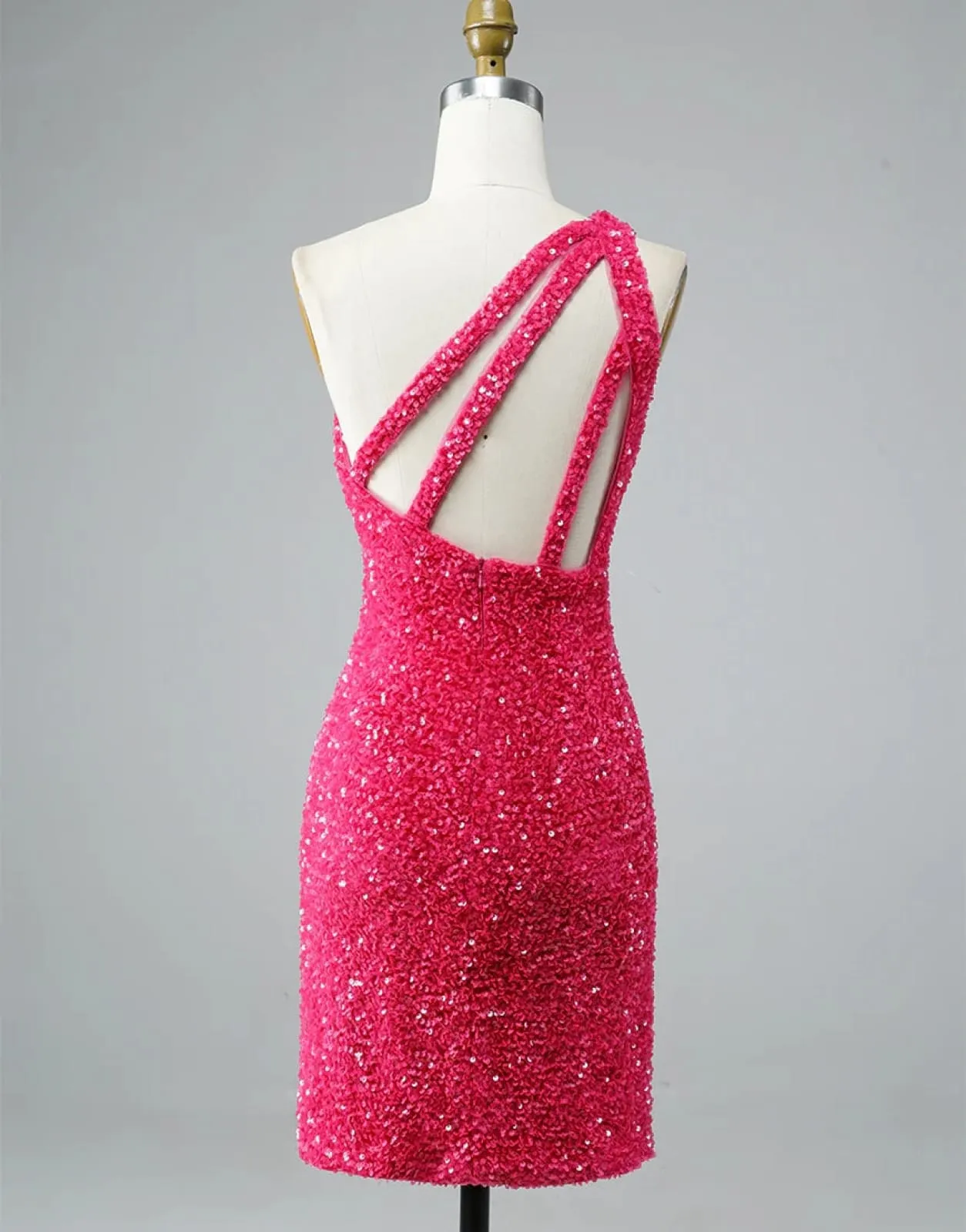 Glitter Hot Pink Sequin One Shoulder Homecoming Wedding Party Dress