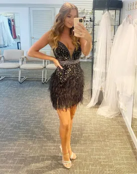 Glitter V Neck Black Tassel Straps V Back Homecoming Cocktail Party Dress