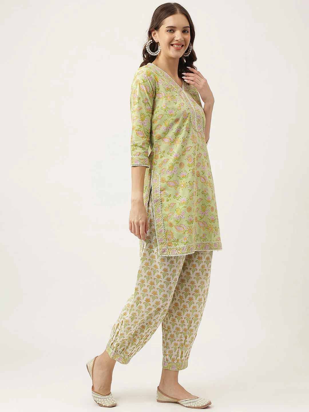 Green Floral Printed Cotton Straight Kurta, Trousers With Dupatta Set