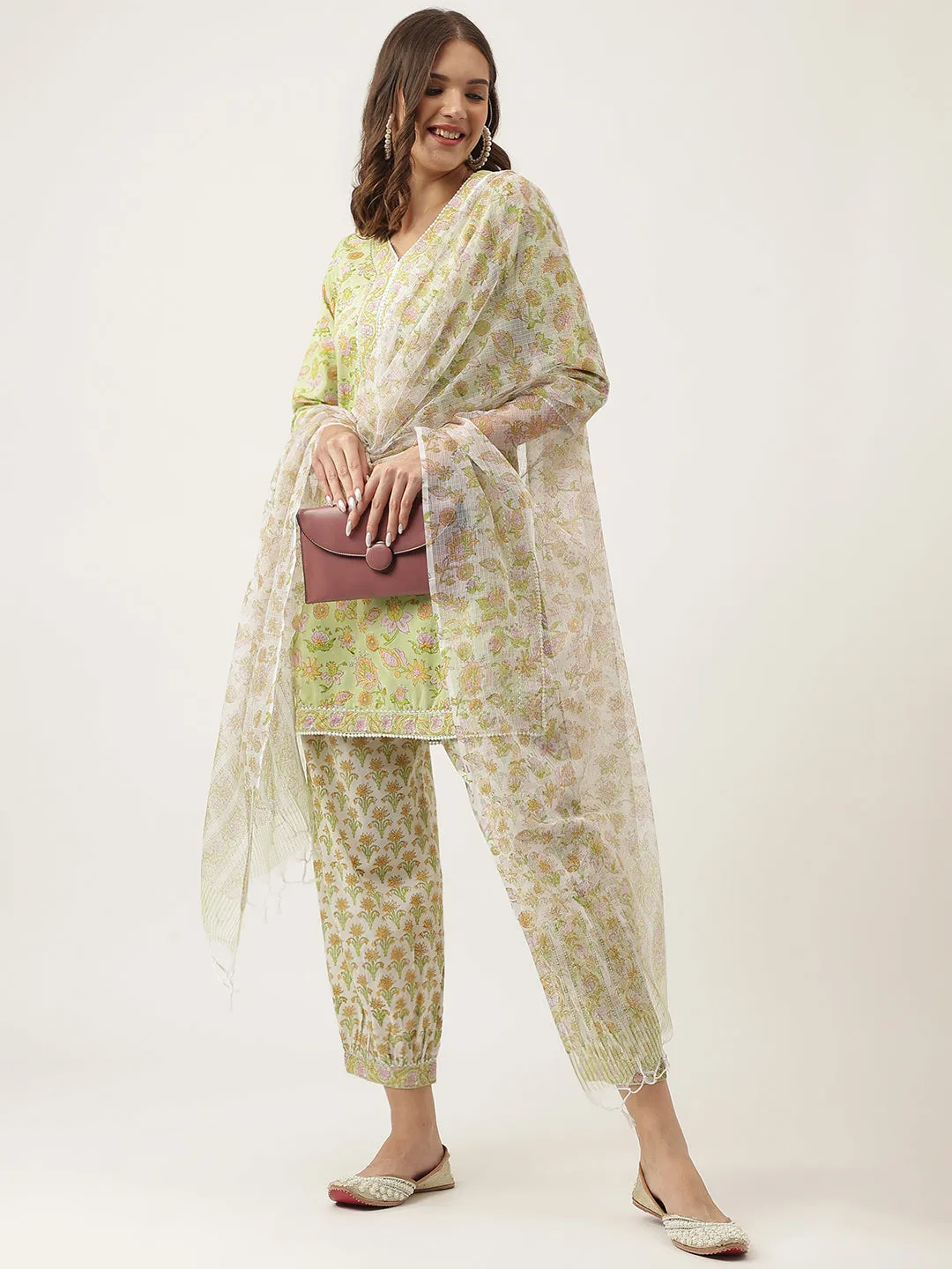 Green Floral Printed Cotton Straight Kurta, Trousers With Dupatta Set