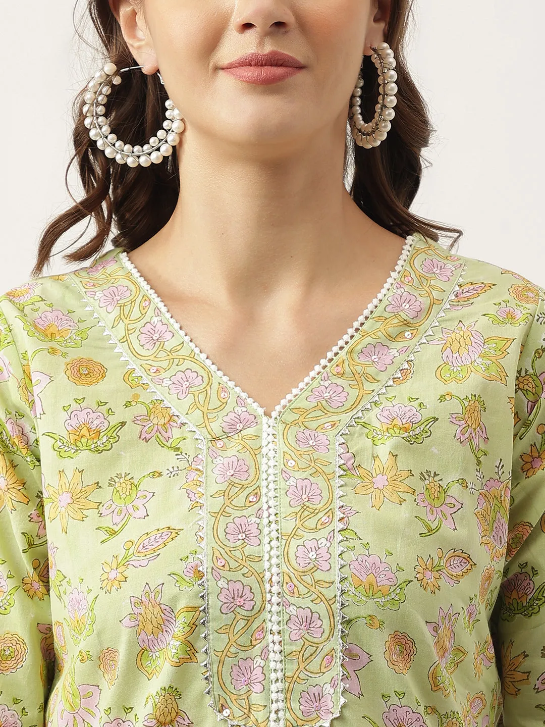 Green Floral Printed Cotton Straight Kurta, Trousers With Dupatta Set