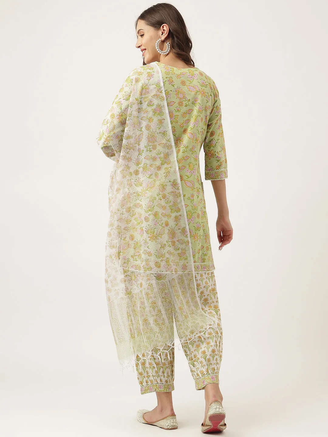 Green Floral Printed Cotton Straight Kurta, Trousers With Dupatta Set