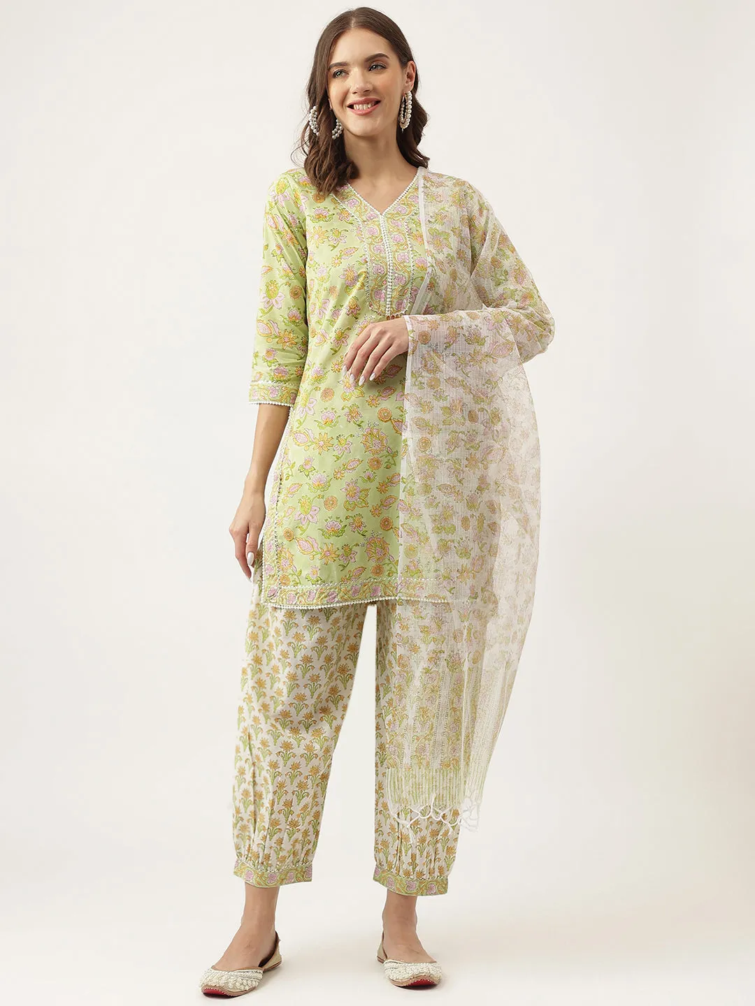 Green Floral Printed Cotton Straight Kurta, Trousers With Dupatta Set