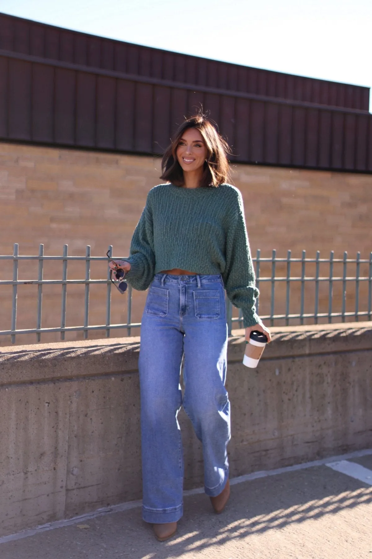 Green Popcorn Knit Cropped Sweater