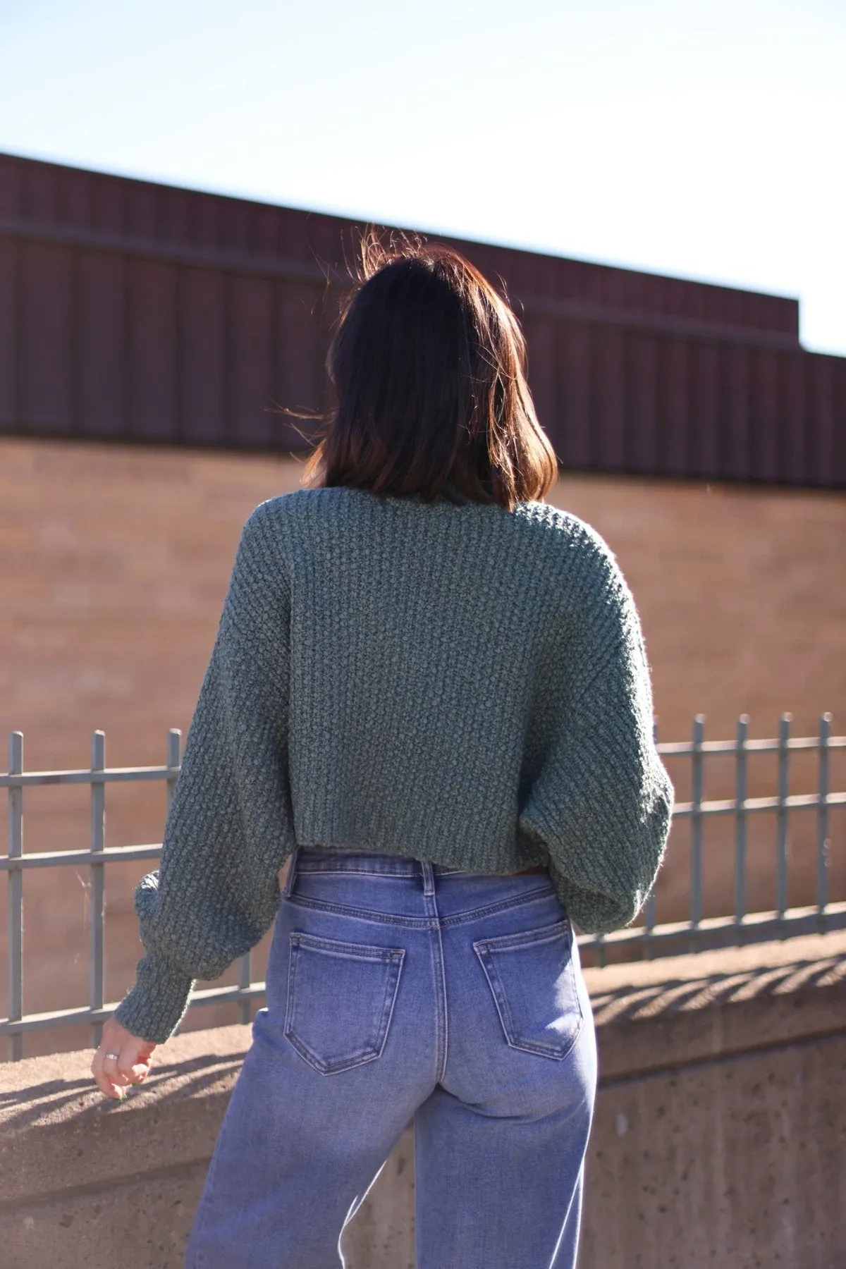 Green Popcorn Knit Cropped Sweater