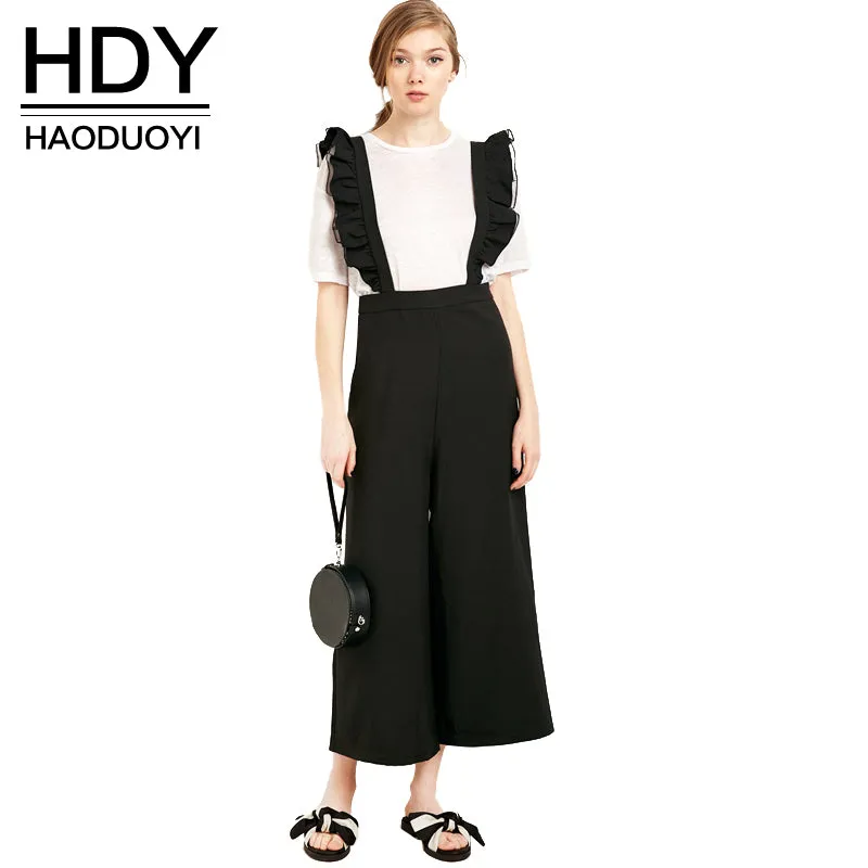 HDY Haoduoyi 2017 Autumn Fashion Womens Solid Black Ruffle Patchwork Casual Jumpsuit Sleeveless Wide Leg Rompers Overalls