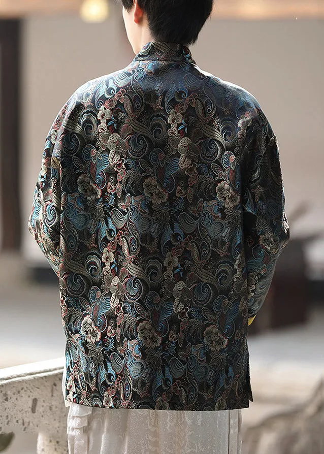 Jacquard Black Stand Collar Chinese Button Silk Shirts Fall RO032