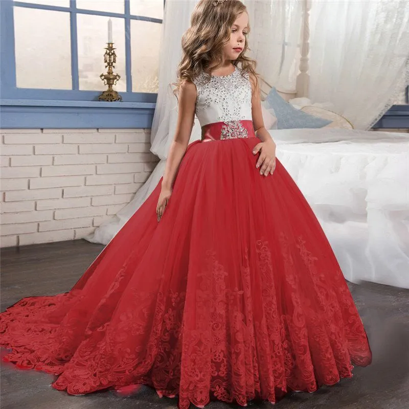 Kid Girls Elegant Flower Princess Long Gown Girls Evening Party Dress - KGD8332