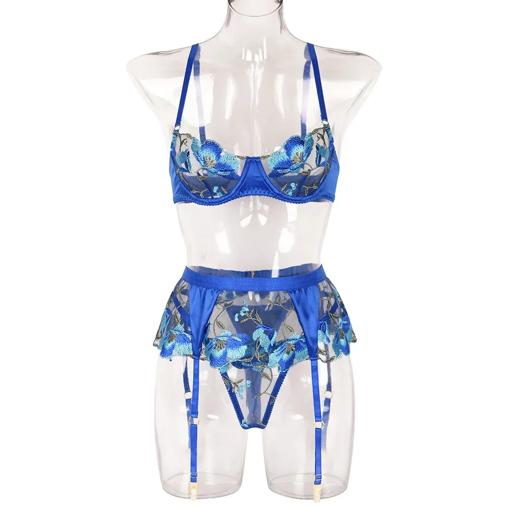 Lace Bra Set Women Embroidery Bra   Panty Underwear Set Ladies Blue Patchwork Sexy Lingerie Set