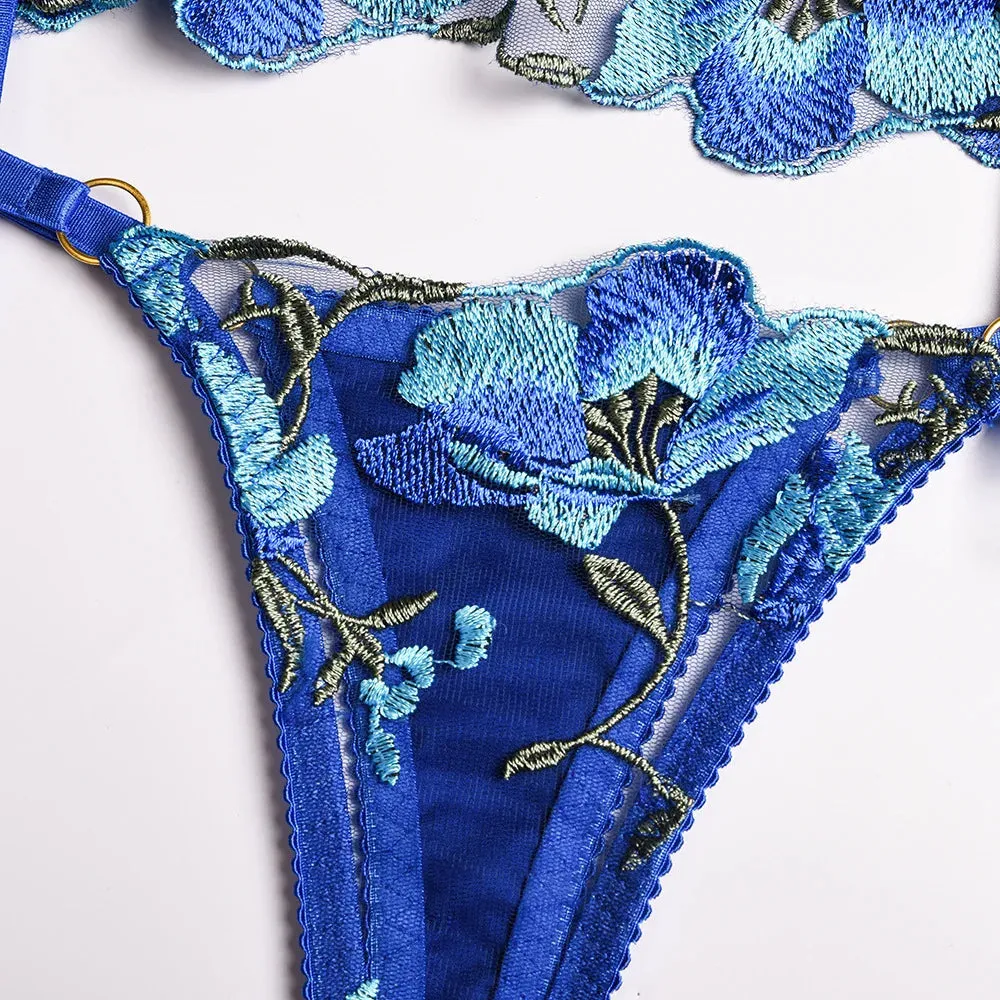 Lace Bra Set Women Embroidery Bra   Panty Underwear Set Ladies Blue Patchwork Sexy Lingerie Set