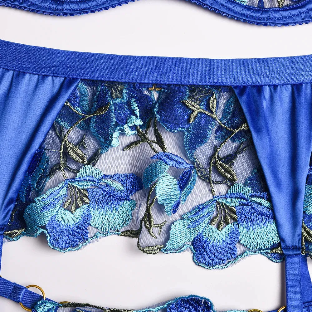 Lace Bra Set Women Embroidery Bra   Panty Underwear Set Ladies Blue Patchwork Sexy Lingerie Set