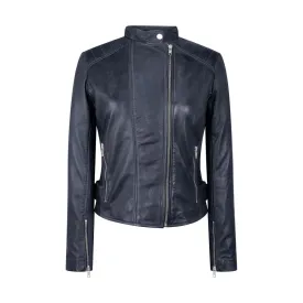 Ladies Real Leather Jacket Cross Zip Brando Nehru Collarless Soft Slim Fit