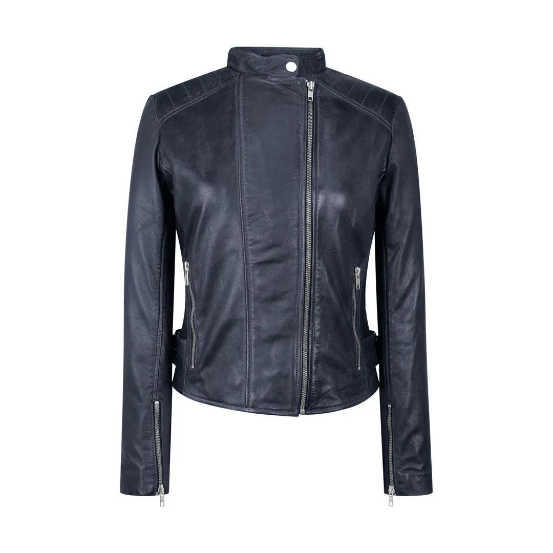 Ladies Real Leather Jacket Cross Zip Brando Nehru Collarless Soft Slim Fit