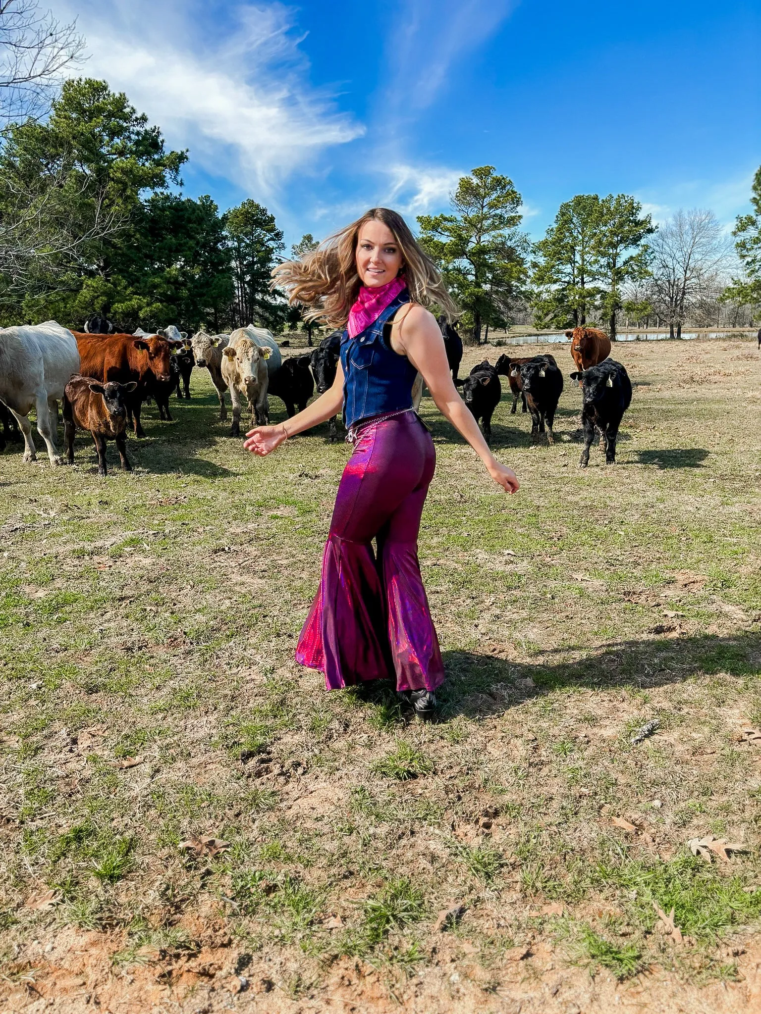 Lainey magenta faux leather bell bottoms