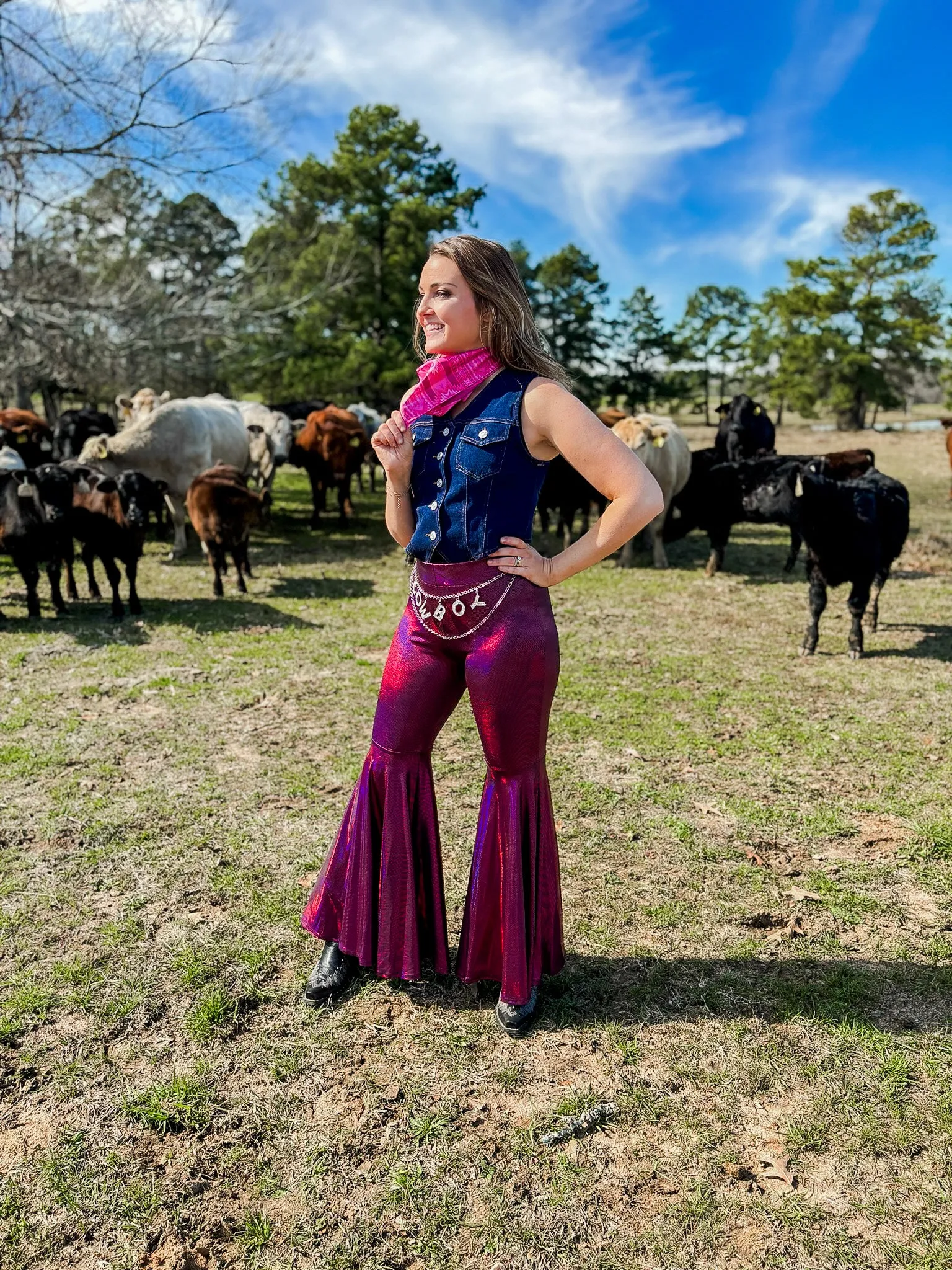 Lainey magenta faux leather bell bottoms