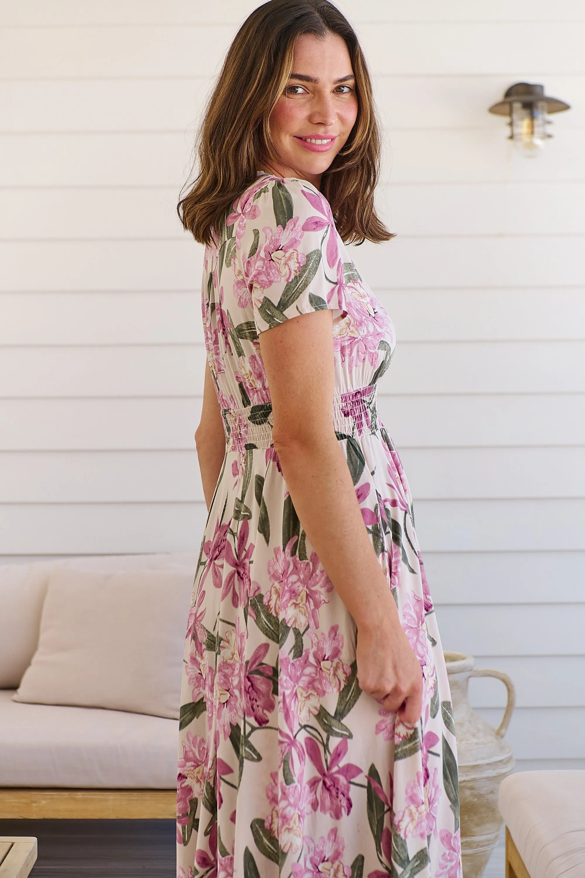 Leilani Beige/ Purple Floral Button Front Maxi Dress