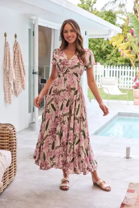 Leilani Beige/ Purple Floral Button Front Maxi Dress